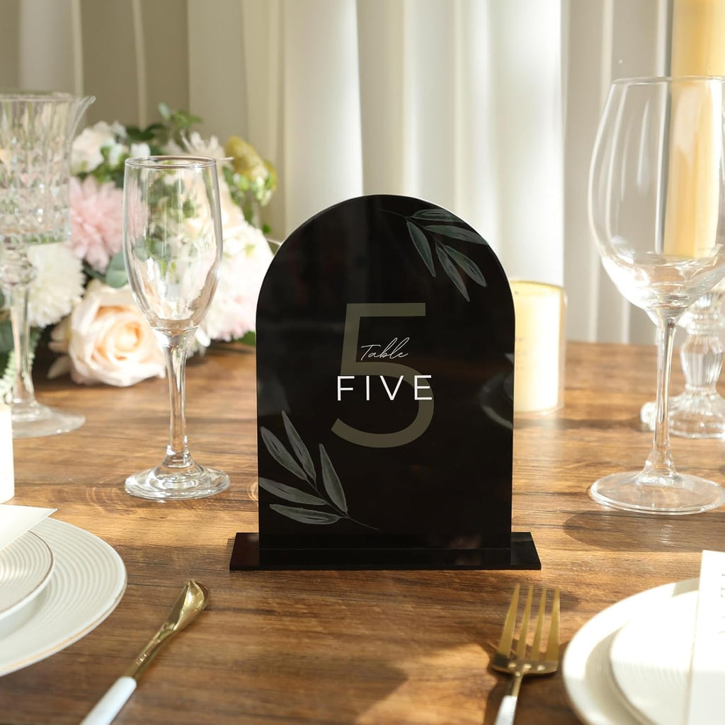 UNIQOOO Black Acrylic Arch Table Sign With Holders, 5x7 inches Wedding Table Numbers, 1/8 Inches Thick, DIY Blank Arched Acrylic Sign for Wedding reception, Centerpiece, Decoration, Event, Set 10