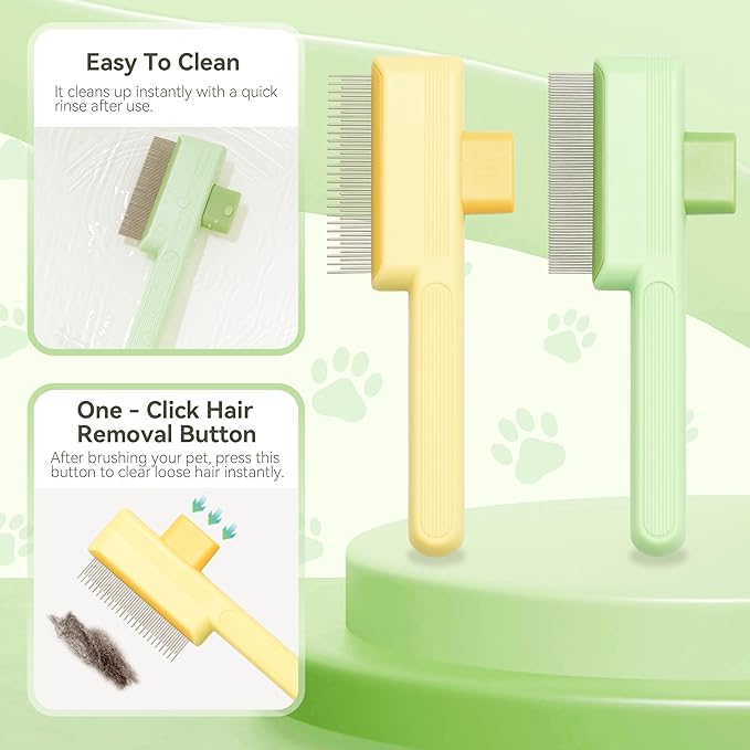 Flea Comb for Cats & Dogs Brush for Shedding Self Cleaning Pet Comb Lice Comb with Long & Short Stainless Steel Teeth Pet Hair Removal Tool 2025-PawvioPets