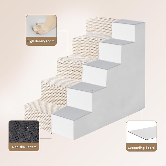 EHEYCIGA Dog Stairs for High Bed 22.5" H, 5-Step Dog Steps for Bed, Pet Steps for Small Dogs and Cats, Non-Slip Balanced Pet Ramp Indoor, Beige-PawvioPets