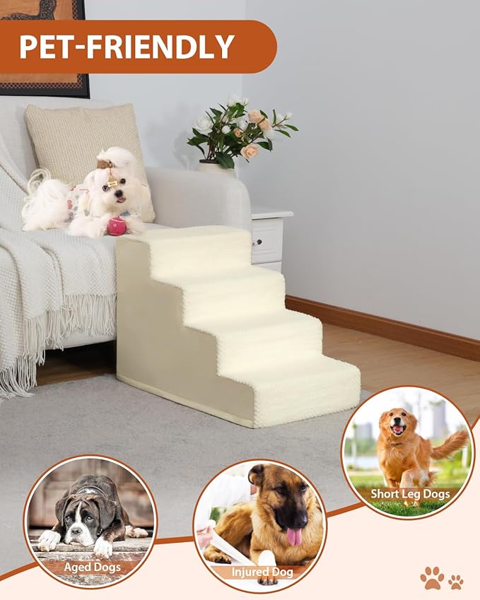 Dog Stairs for Small Dogs,22" H,5-Step Dog Steps for High Bed Couch and Sofa,Pet Stairs for Dogs and Cats Climbing with Non-Slip Bottom and Washable Cover,Beige-PawvioPets