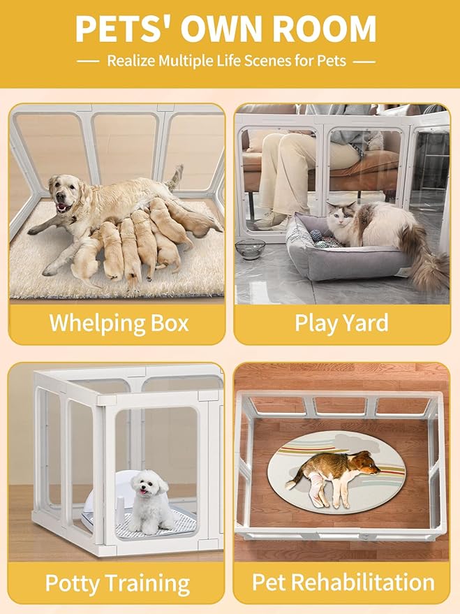 Dog Playpen, Clear Acrylic Plastic Puppy Playpen Indoor, Pet Pen for Puppy Cat Bunny, Transparent Easy Assemble Foldable Whelping Box for Dogs, Puppy Playpen with Gate (23.6" Height, 10PCS)-PawvioPets