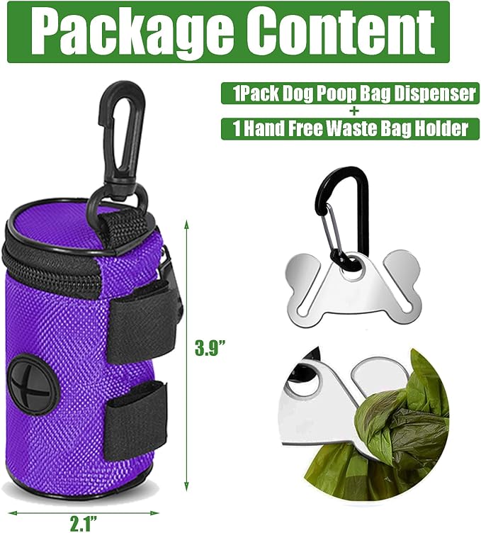 Dog Poop Bag Holder for Leash Attachment - Waste Bag Dispenser for Leash - Fits Any Dog Leash - Portable Set with Hand Free Holder Metal Carrier, Round Shape, Purple-PawvioPets