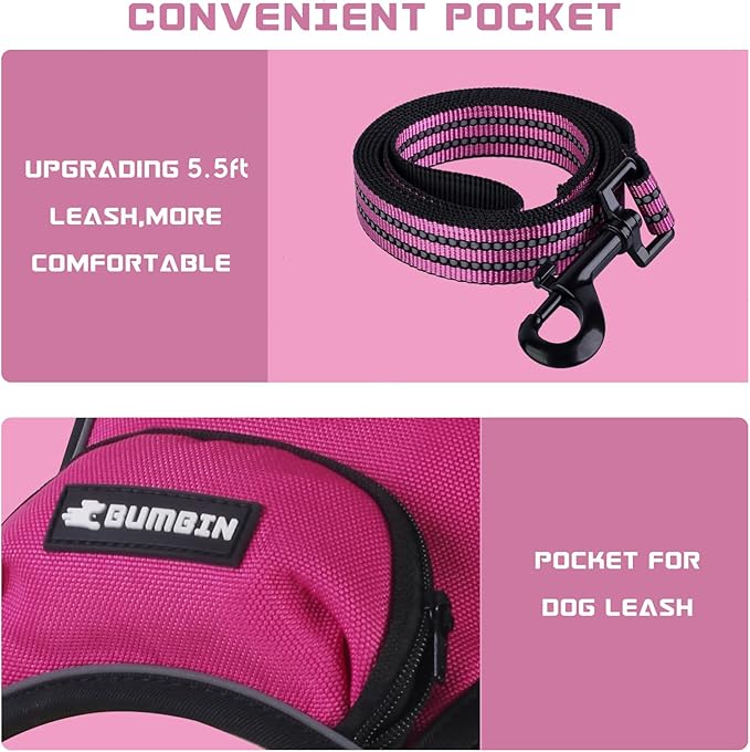 BUMBIN Dog Harness for Large Dogs, No Pull Adjustable No Choke Pet Vest with Dog Leash Fit Smart Reflective Pet Walking Harness for Training Easy Control Soft Handle Rose Red L-PawvioPets