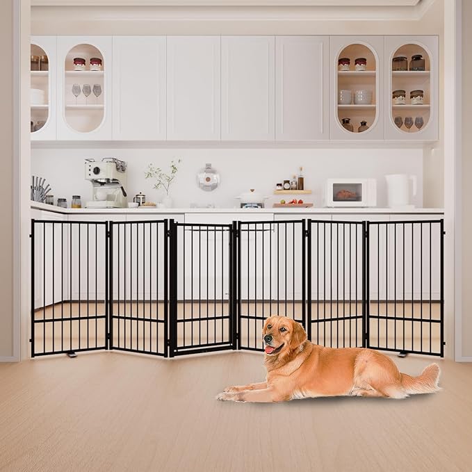Full Metal Freestanding Dog Gate with Door, 36''Height Foldable Pet Dog Fence for Indoor & Outdoor, 6 Panels Extra Wide Free Standing TallDog Gates for Doorways,House,Stairs,Porch,Deck,Yard-PawvioPets