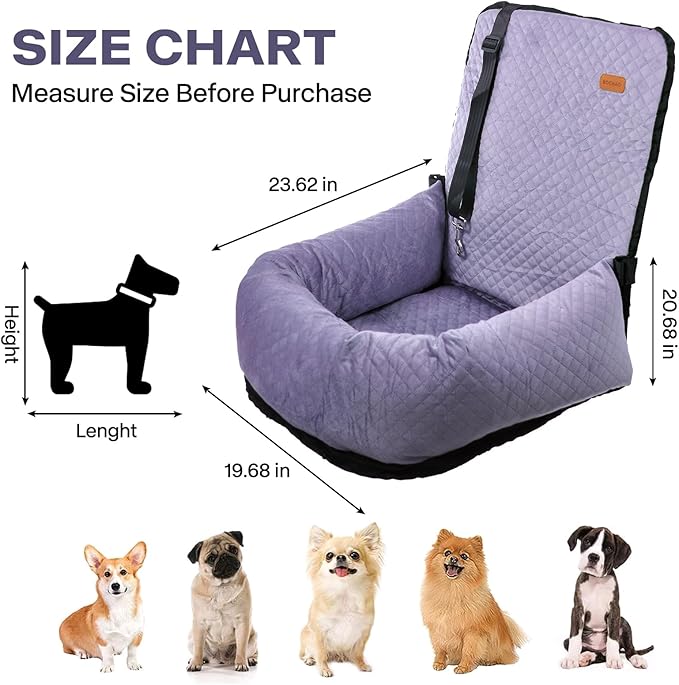 Dog Car Seat for Small Medium Dogs Up to 40lbs, Detachable Washable Soft Pet Booster Travel Bed for Front & Purple Seat with Safety Leash Belt-PawvioPets