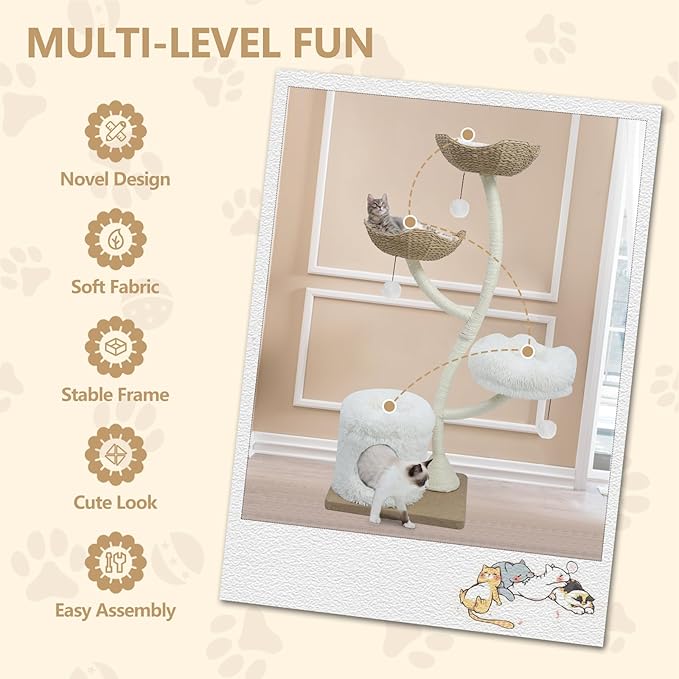 63” Tall Cat Tree Tower for Indoor Cats, Multi-Level Large Cat Climbing Furniture with Scratching Posts, Soft Perch, Cozy Cave, and Hanging Toys, Sturdy Design for Multi-Cat Households-PawvioPets