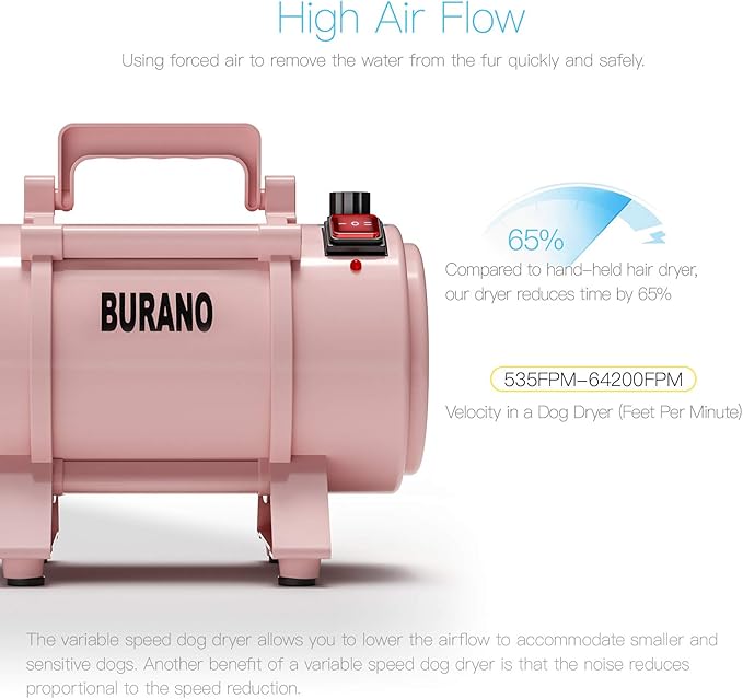 Burano Dog Dryer, High Velocity Pet Hair Dryer, 4.3HP Stepless Adjustable Speed Dog Hair Force Dryer for Dogs, Cats & More, Powerful Pet Blower with Heater-PawvioPets