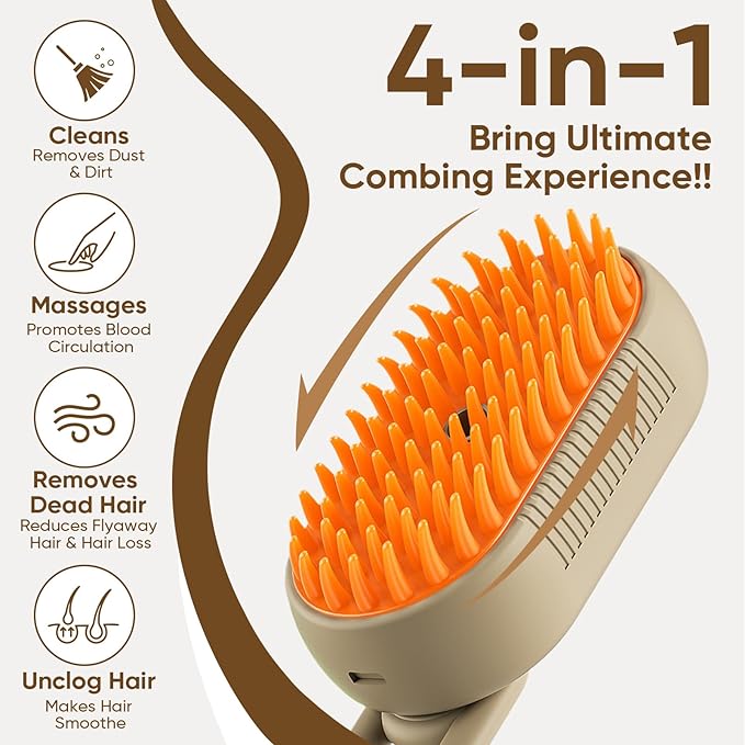 4-in-1 Cat Steam Brush for shedding–Self-Cleaning Comb for Long and Short Hair Cats and Dogs, Steam Pet Brush for Hair Removal, Vibrating Message, Grooming & Relaxation (Khaki)-PawvioPets