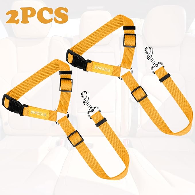 BWOGUE 2 Packs Dog Cat Safety Seat Belt Strap Car Headrest Restraint Adjustable Nylon Fabric Dog Restraints Vehicle Seatbelts Harness Yellow-PawvioPets
