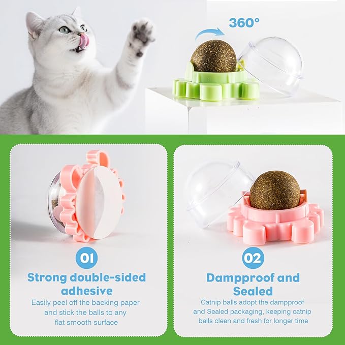 4 Pack Catnip Balls Roller Wall Ball for Cats Spinning Catnip Station Licking Balls Organic Cat nip Chew Ball for Teeth Cleaning & Play-PawvioPets