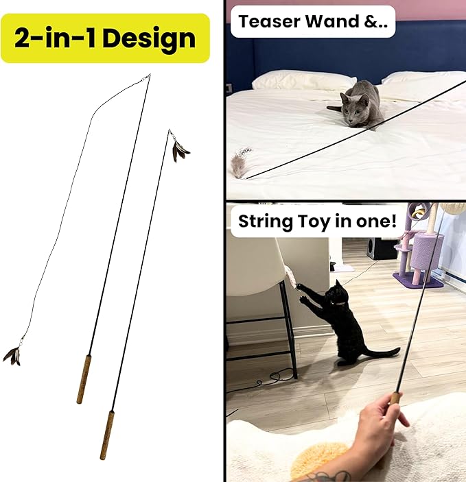 Forever Stick 2 Pack - The Unbreakable Cat Toy Wand, Extra Long Durable Interactive Cat Toy for Indoor Cats, Feather Kitten Toys for Bored Indoor Adult Cats, Bird Teaser Cat Accessories-PawvioPets