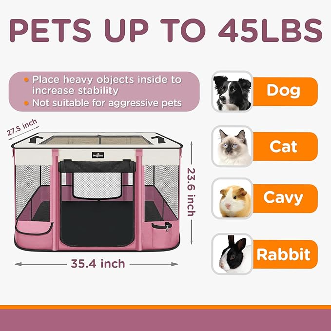 Foldable Pet Kitten Playpen, Upgrade Waterproof Portable Cat Dog Playpen Kennel Tent for Small Dog Cat, Removable Shade Cover, Come with Free Carrying Case, Indoor Outdoor Use for Small Pet, Pink-PawvioPets