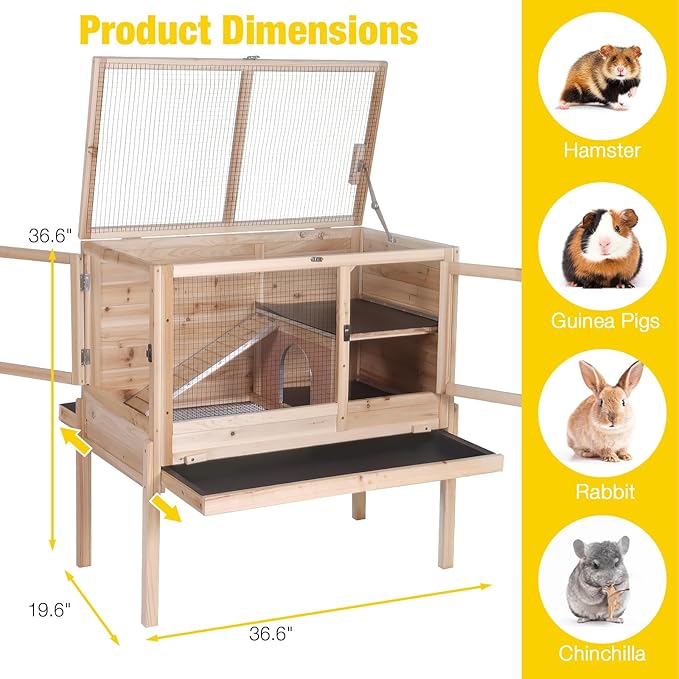 AIVITUVIN Wooden Guinea Pig Cage Indoor with Cooling Plate and Anti-Chewing Edges Two-Story Rabbit Hutch Pull Out Tray Outdoor Rabbit Cage with Raised Stand and Wire Mesh Small Animals Cage (Nature-PawvioPets