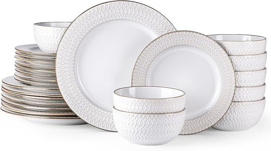 GBHOME Ceramic Dinnerware Sets, 24 pcs Embossed Elegant Stoneware Plates and Bowls Sets, Housewarming Wedding Gift | Dishwasher & Microwave Safe | Dishes Set Service for 8-PawvioPets