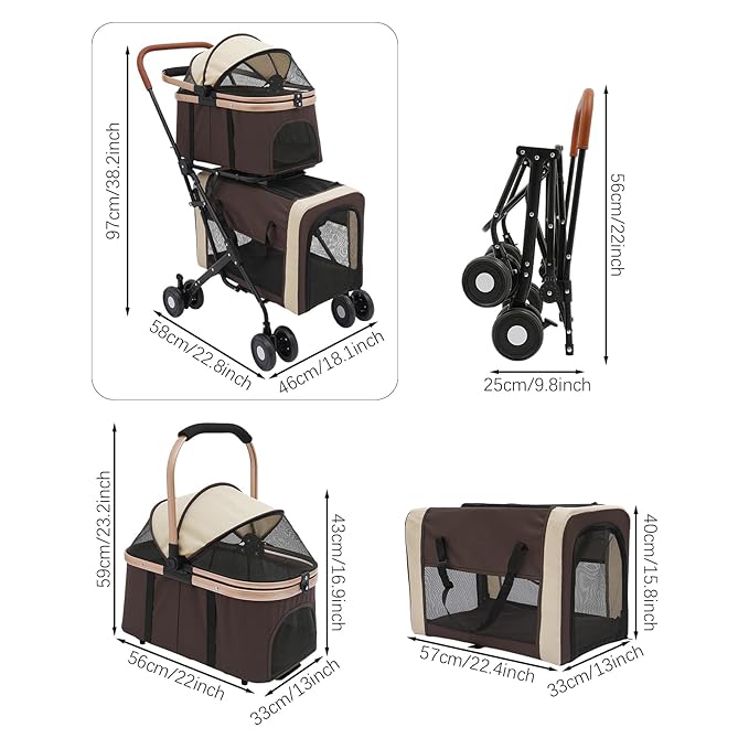 Double Pet Stroller with Detachable Carriers, Large Cat & Dog Stroller with 4 Wheels, Foldable Pet Strollers Small & Medium Dogs Cats 77lbs (Coffee Color)-PawvioPets