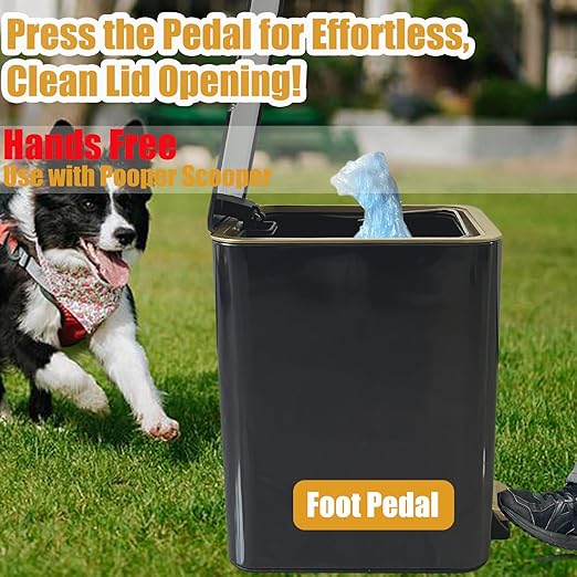 Dog Poop Trash Can Outside Stainless Steel - Metal Pooper Scooper Set - 12L Dog Waste Trash Can Outdoor with Pedal - Backyard, Yard - Removable Inner Bin, Long Handle Tray and Rake - Black and Gold-PawvioPets