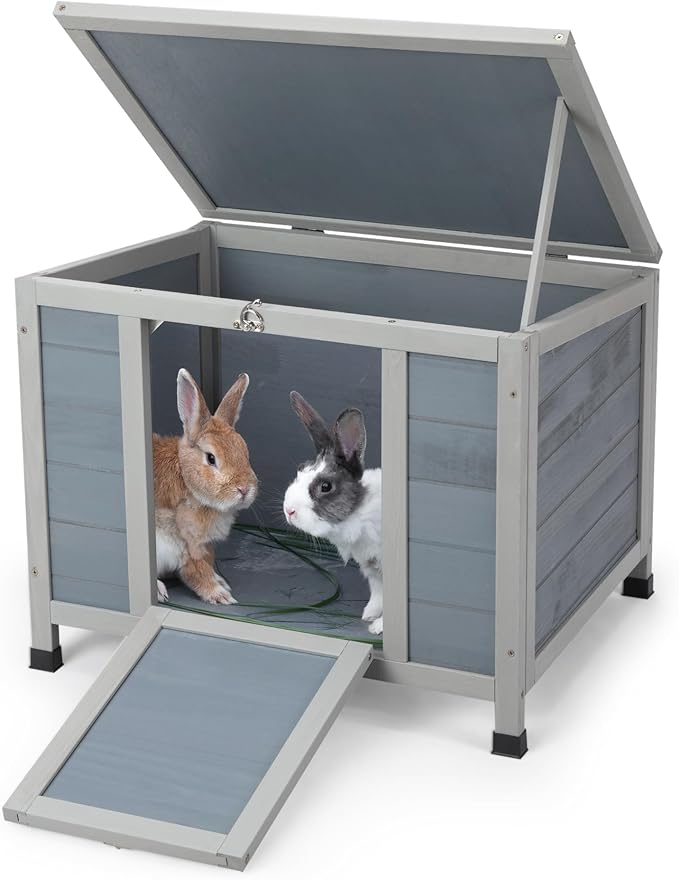 COZIWOW 24inches Wooden Catio Outdoor Cat House Small Animal House，Rabbit Hutch Indoor，Stable Weatherproof Bunny Cage Pet Shelter for Small Cat Dog Rabbit Guinea Pig (Grey)-PawvioPets