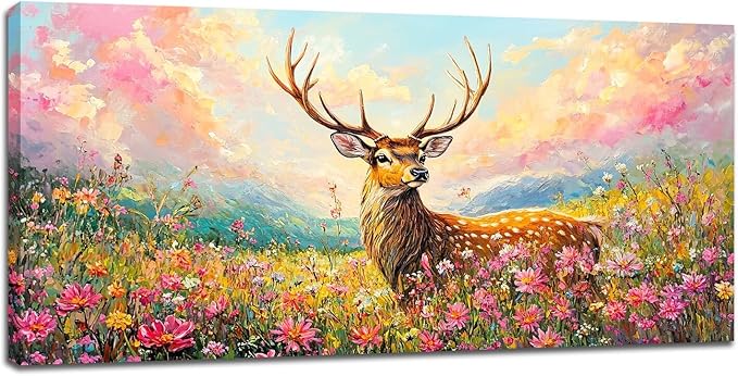 Deer Large Wall Art Wildflower Landscape Pictures Rustic Flowers Wall Decor Wild Animal Nature Canvas Print Painting Artwork for Bathroom Living Room Bedroom 30"x60"-PawvioPets