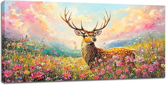 Deer Large Wall Art Wildflower Landscape Pictures Rustic Flowers Wall Decor Wild Animal Nature Canvas Print Painting Artwork for Bathroom Living Room Bedroom 30"x60"-PawvioPets