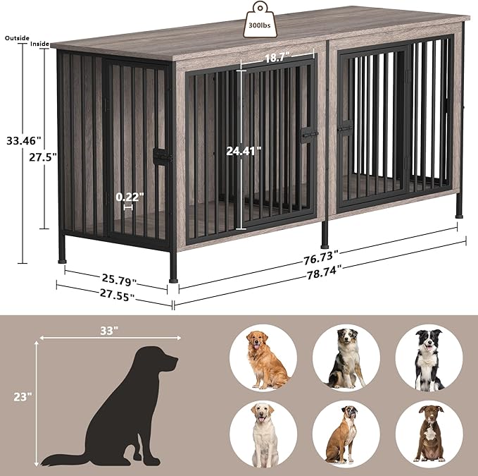 EasyCom 78 Inch Dog Cage Furniture for 2 Pets with Divider, XXL Wooden Double Dog Crate Furniture TV Stand for Mideum and Large Breed, Durable and Sturdy-PawvioPets