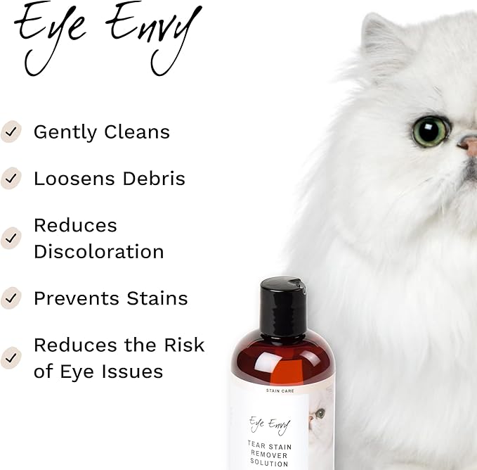 Eye Envy Tear Stain Remover Solution for Cats. 100% Natural, Safe. Treats The Cause of Stains. Recommended by Breeders, Vets, Groomers. Remove Eye Stains from and Exotics. 8 oz. Made in USA-PawvioPets
