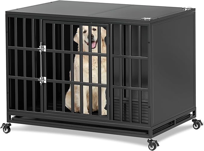 42 inch Heavy Duty Dog Crate with Self-Locking Latch, Indestructible Steel Large Kennel with Enclosed Design, Chew-Proof and Escape-Proof Pet Cage for High Anxiety Dogs-PawvioPets
