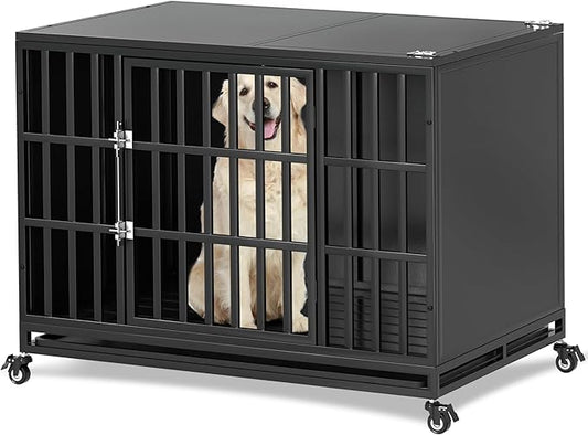 42 inch Heavy Duty Dog Crate with Self-Locking Latch, Indestructible Steel Large Kennel with Enclosed Design, Chew-Proof and Escape-Proof Pet Cage for High Anxiety Dogs-PawvioPets
