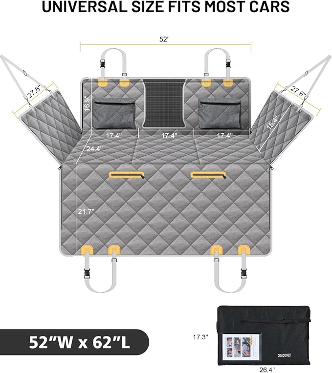 Back Seat Extender for Dog, Waterproof Dog Car Seat Cover for Back Seat, Hard Bottom Car Seat Cover, Large-Space Hammock for Car Truck SUV, Pet Seat Cover Holds 450lbs(Grey)-PawvioPets