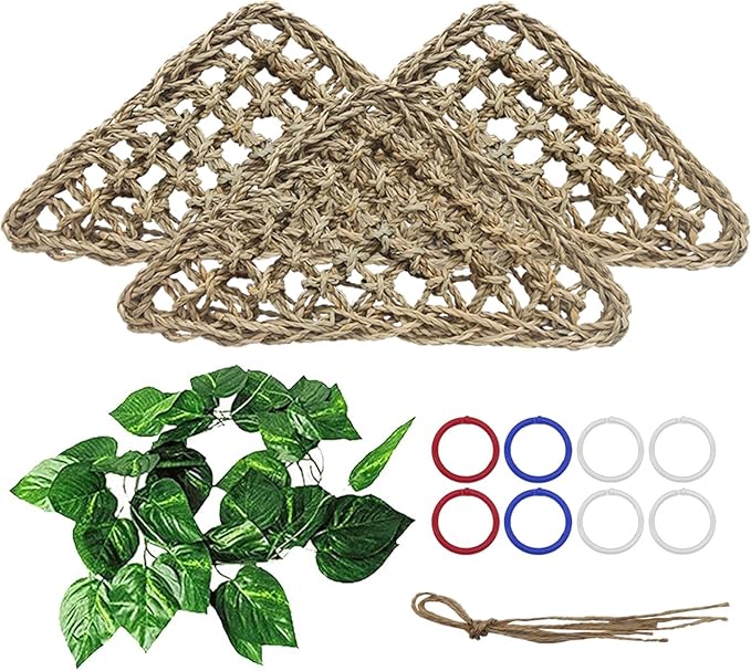 BNOSDM Bird Seagrass Mat, 3 PCS 7.1 x 7.1 Inches Parrot Natural Seagrass Woven Bird Net Hammock Mats Chew Toys Bird Hideout Cage Accessories for Lovebird Cockatiel Conure Budgie Hamster Rats-PawvioPets