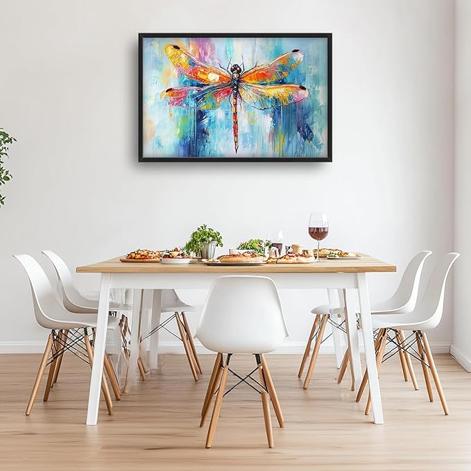 Extra Large Abstract Dragonfly Framed Wall Art for Living Room,Oversized Colorful Dragonfly Pictures Wall Decor,Teal Canvas Print Painting Modern Artwork Bedroom Office Bathroom 36L" x 24W"-PawvioPets