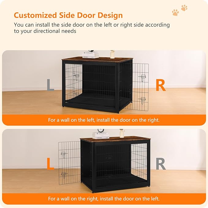 DWANTON Dog Crate Furniture with Cushion, Wooden Kennel Table with Double Doors, Indoor Dog House, Extra Large Size, 43.3" L, Black+Rustic Brown-PawvioPets