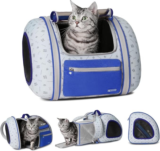 Cat and Dog Backpack Carrier, Foldable Breathable Pet Carrier Backpack with Mesh Ventilation, Large Portable Outing Traveling Pet Bag for Small, Medium Cats, Small Dogs, Blue-PawvioPets