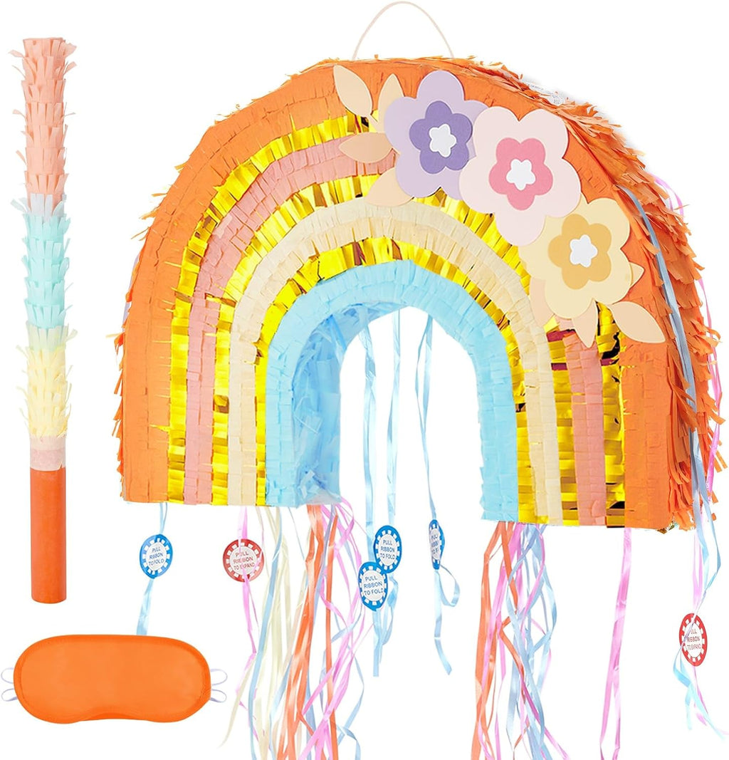 WERNNSAI Foldable Rainbow Pinata - Rainbow Pull String Pinata with Blindfold and Bat for Bundle Piñata Boho Theme Birthday Baby Shower Party Decoration Carnival Party Games Supplies 16.4" x 12.3"