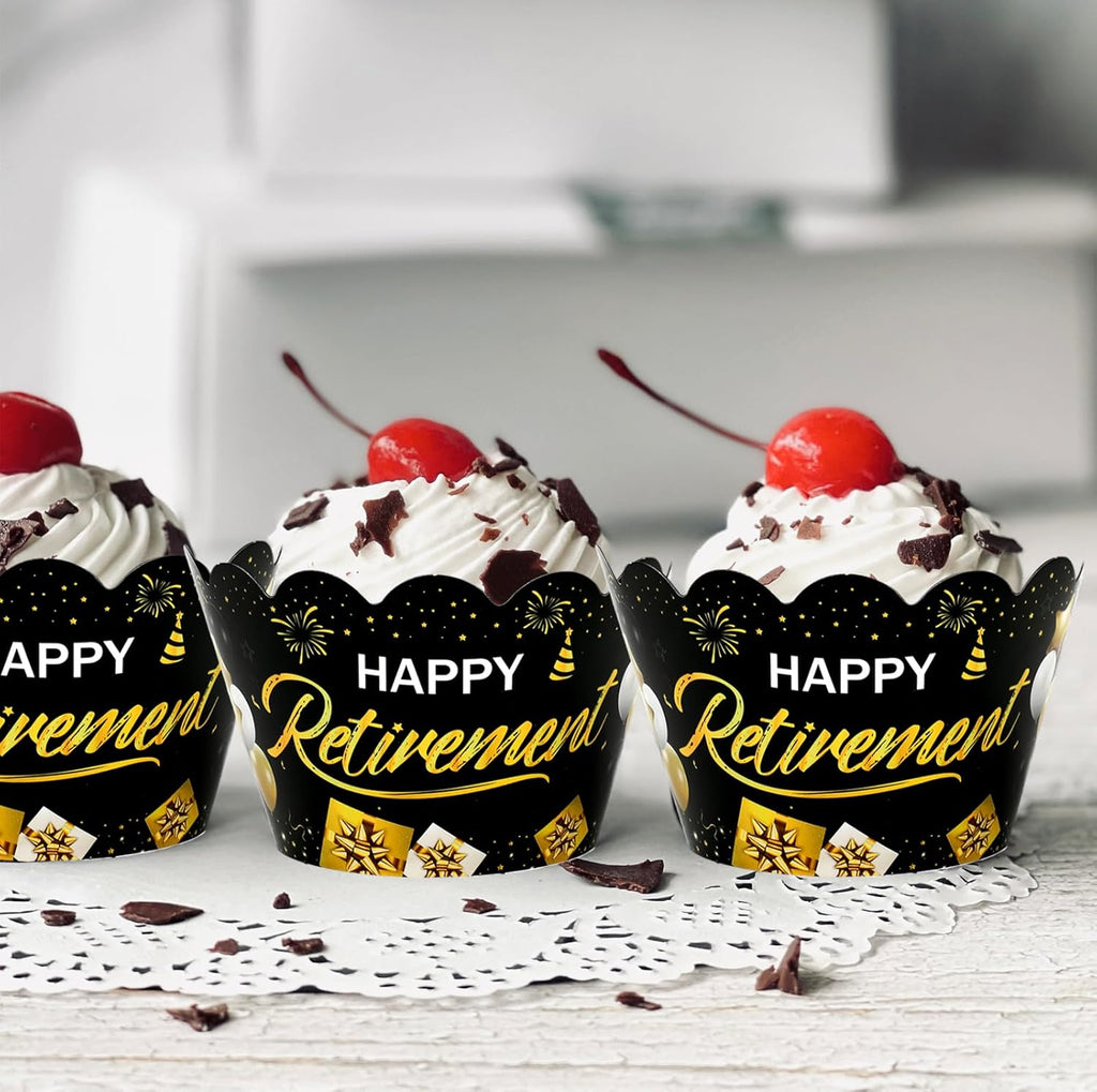 Whaline 36Pcs Happy Retirement Cupcake Wrappers Black Gold Retirement Cupcake Liners Decorative Cupcake Holders for Party Cake Dessert Decoration