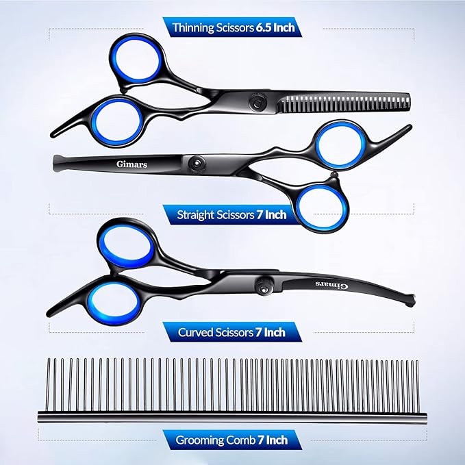 Gimars Dog Grooming Scissors Kit Professional 4CR with Safety Round Tip, 5 in 1 Heavy Duty Titanium Coated Thinning & Curved & Straight Shears-PawvioPets