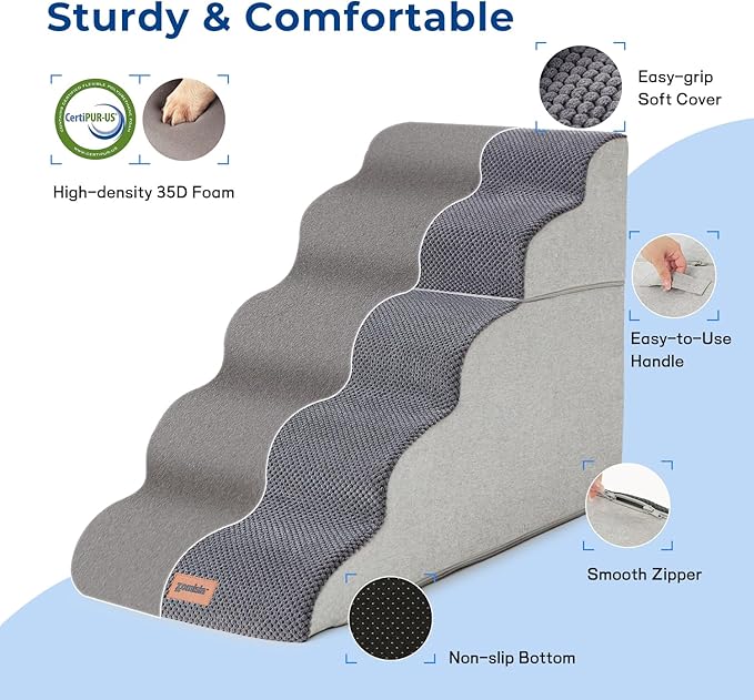 Dog Stairs for High Beds - Pet Stairs Ramp for Couch, 35D Foam Dog Steps for Small to Large Pets, with Non-Slip Bottom Beige, 5 Steps-PawvioPets