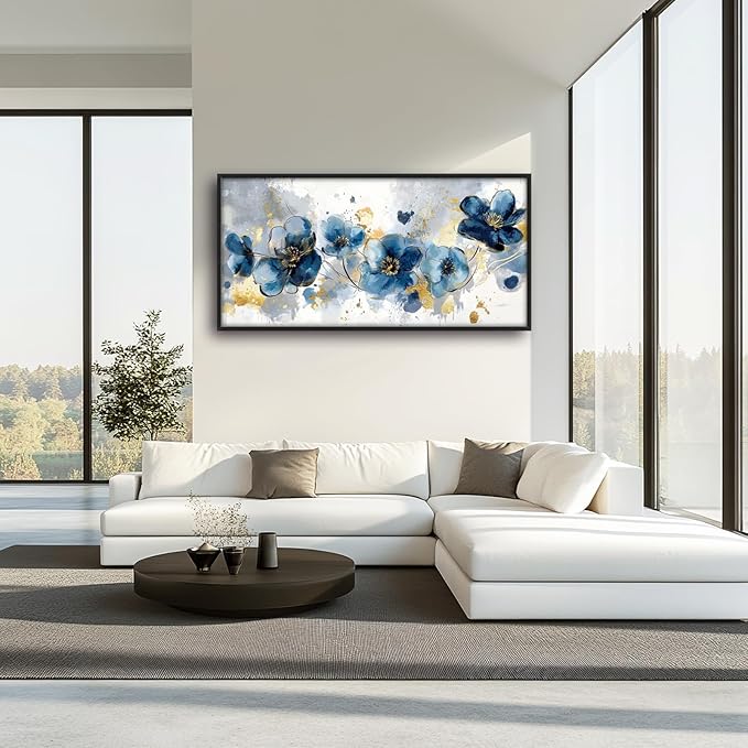 Extra Large Framed Abstract Blue Flower Wall Art,Oversized Golden Grey Floral Wall Decor Pictures for Living Room,Canvas Print Painting Modern Artwork Bedroom Office Bathroom Home Decor 60L" x 30W"-PawvioPets