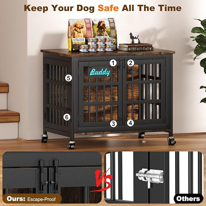 EasyCom 33"/27" Dog Crate Furniture with Name Tag, Heavy Duty Dog Kennel Indoor for Medium and Small Dogs, Double-Doors Sturdy Metal Dog Cage, Decorate House as TV Stand, End Table, Bedside Table-PawvioPets