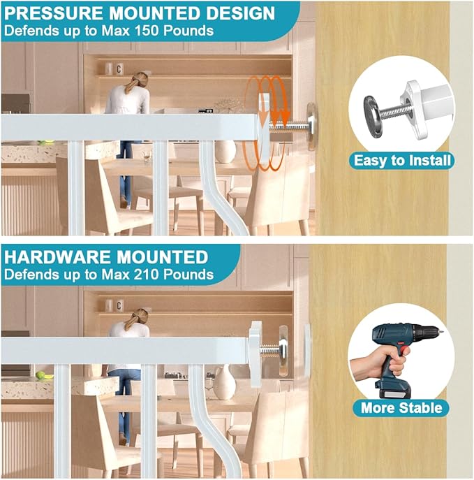 29.9-33.4 in Wide Baby Gate for Stairs Doorways, Auto Close Child Safety Gates Indoor for Dogs Pets, Pressure Mounted Metal Barrier Kids Toddler Door Walk Through, 30" Tall, White-PawvioPets