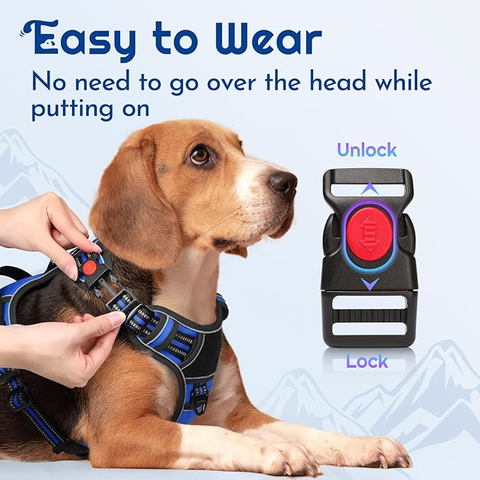 Eagloo Dog Harness for Large Dogs, Easy Wearing with 3 Buckles, Adjustable No Pull Pet Harness with 2 Rings for Walking, No Chock Reflective Soft Padded Vest with Control Handle, Blue & Black, L-PawvioPets