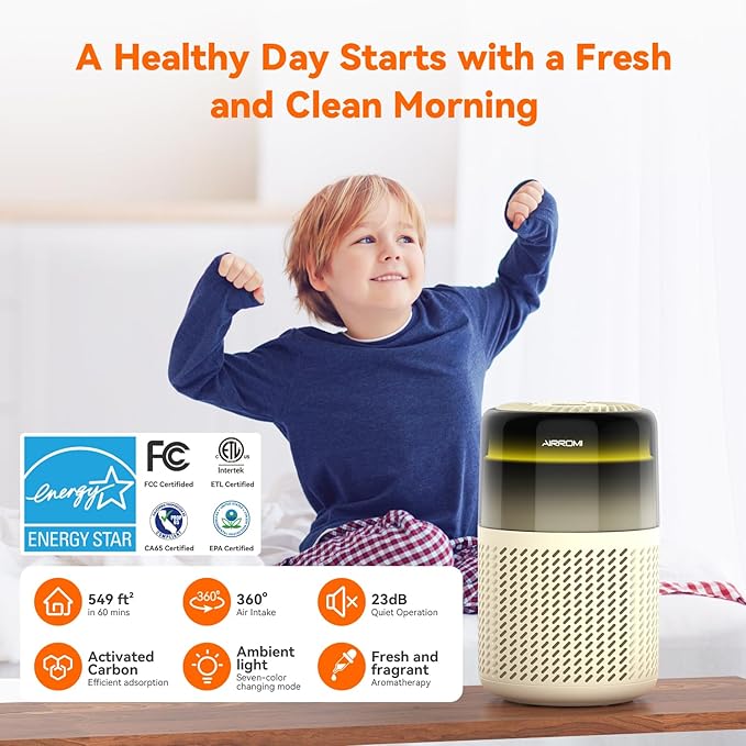 AIRROMI Air Purifier for Bedroom Home,HEPA Filter,Covers Upto 549 Ft²,Quiet 360°intake Air Cleaner with Fragrance ponge for Better Sleep,Night Light,Filters Smoke,Pet Dander,Allergies,Dust,A2005Yellow-PawvioPets