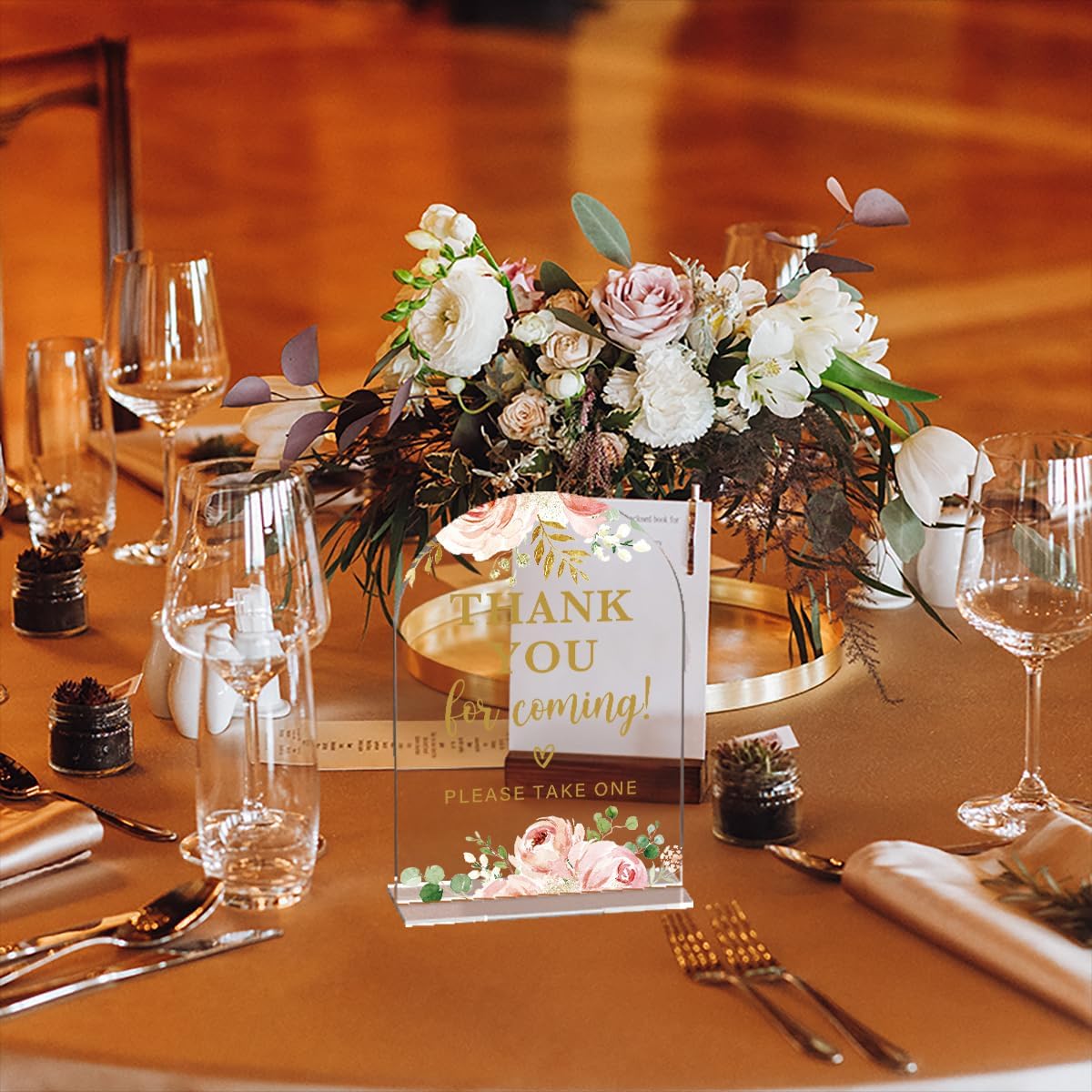 Acrylic Wedding Signs, Bridal Shower Decorations, Modern Calligraphy Arch Acrylic Table Top Sign for Wedding Reception and Engagement Parties - Thank You for Coming (Clear Pink Flowers)