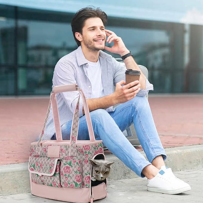 Dog Carrier, Cat Carrier, Pet Carrier, Foldable Waterproof Premium PU Leather Oxford Cloth Dog Purse, Portable Tote Bag Carrier for Small to Medium Cats and Small Dogs (Flower Pattern)-PawvioPets