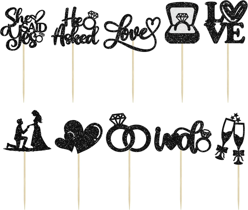 Ephlyn 30Pcs He Asked She Said Yes Cupcake Toppers Glitter Engagement Cupcake Toppers Diamond Ring Heart Love I Do Cupcake Picks for Engagement Wedding Party Cake Decorations Black