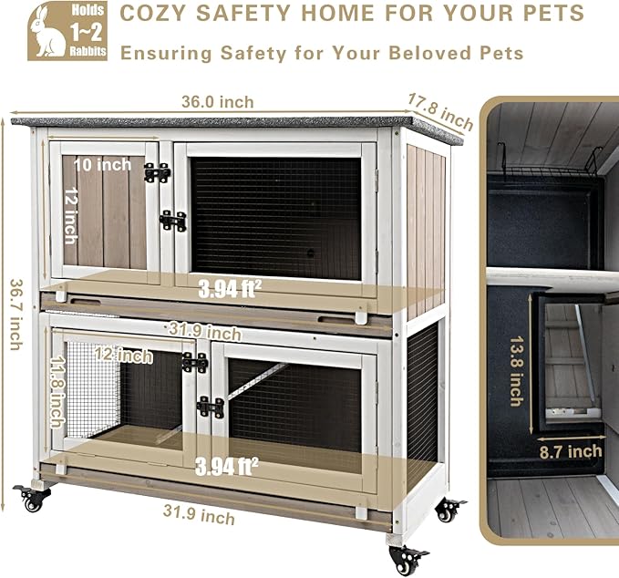 36" L Rabbit Hutch Indoor with 4 Metal Wheels, 2-Story Wooden Bunny Hutch Outdoor Bunny Cage, 2 Deeper Pull-Out Trays, Ramp, Rabbit Cage Guinea Pig Pet House for Small Animals-PawvioPets