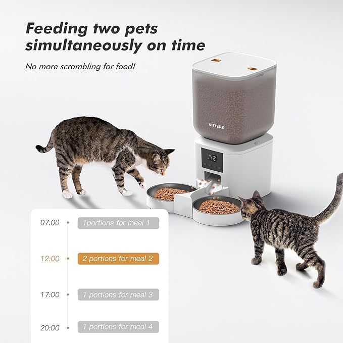 Automatic Cat Feeder for 2 Cats - 8L/34 Cups Large Capacity Auto Food Dispenser with LCD Screen, 2 Food Trays, Timed Cat Feeder, Up to 50 Portions 6 Meals Per Day, Keep Fresh, White-PawvioPets