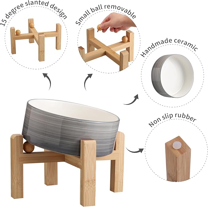 Elevated/Raised 15°Tilted Anti Slip Ceramic Dog Bowls,Slanted Bulldog Pet Food Water Feeding Dish Stand for Cats and Dogs (3.6 Cups/28 OZ) Grey White-PawvioPets