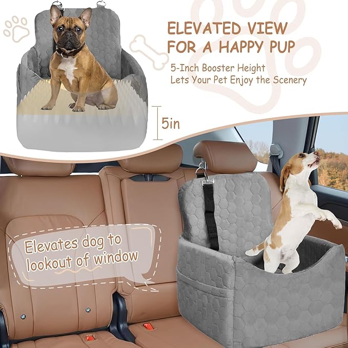 Dog Car Seat for Small/Medium Dogs - Dog Booster Seat with Safety Straps & Non-Slip Base, Travel Pet Car Seat with Storage Pockets, Washable & Removable, Suitable for Dogs Under 35 lbs (Gray)-PawvioPets
