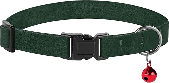 Breakaway Cat Collar Leather with Removable Bell - 13 Colors Available - Soft Adjustable Girl Boy Safety Lightweight Pet Kitten Collars Pink Brown Blue Green Red Orange Black (Emerald)-PawvioPets