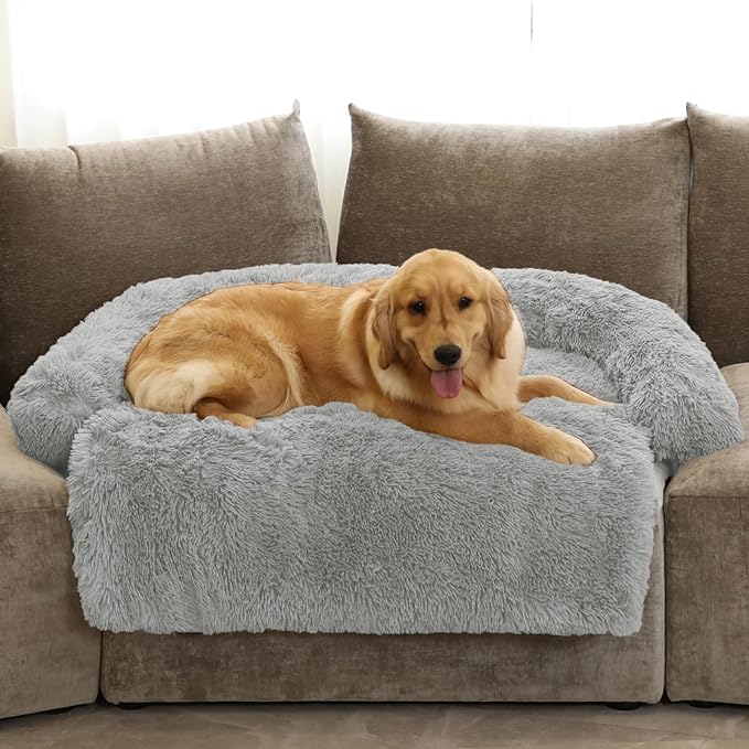 GGIB Calming Dog Bed Fluffy Plush Dog Mat for Furniture Protector with Removable Washable Cover for Large Medium Small Dogs and Cats (Extra Large (53x39.3x6), Grey)-PawvioPets